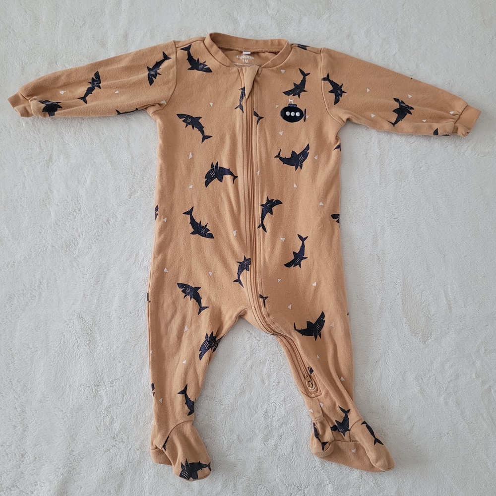 🧸4/20$ Pekkle 9M Sharks One Piece Pajama Footies Baby Zip-up Cotton